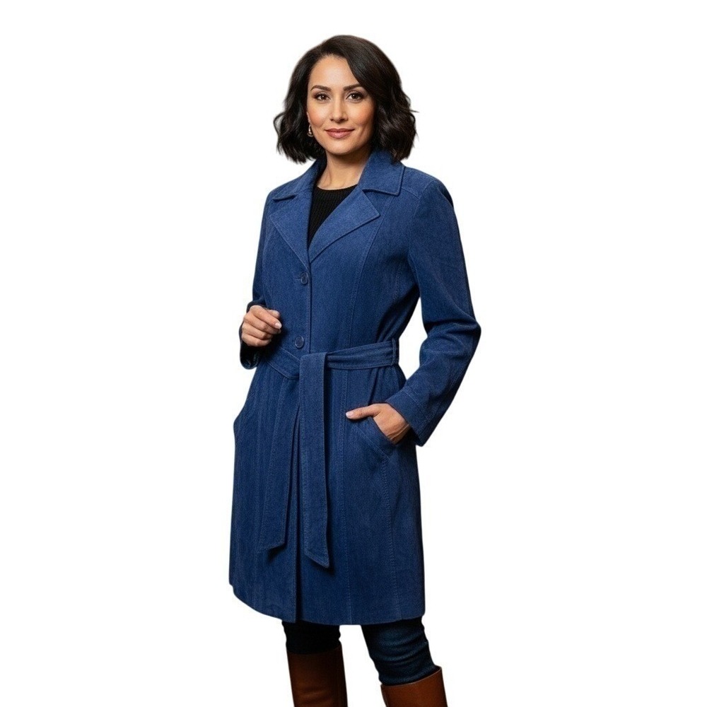 Dennis Basso Blue Suede Leather Trench Coat Belted Lined Jacket Medium Length 2X